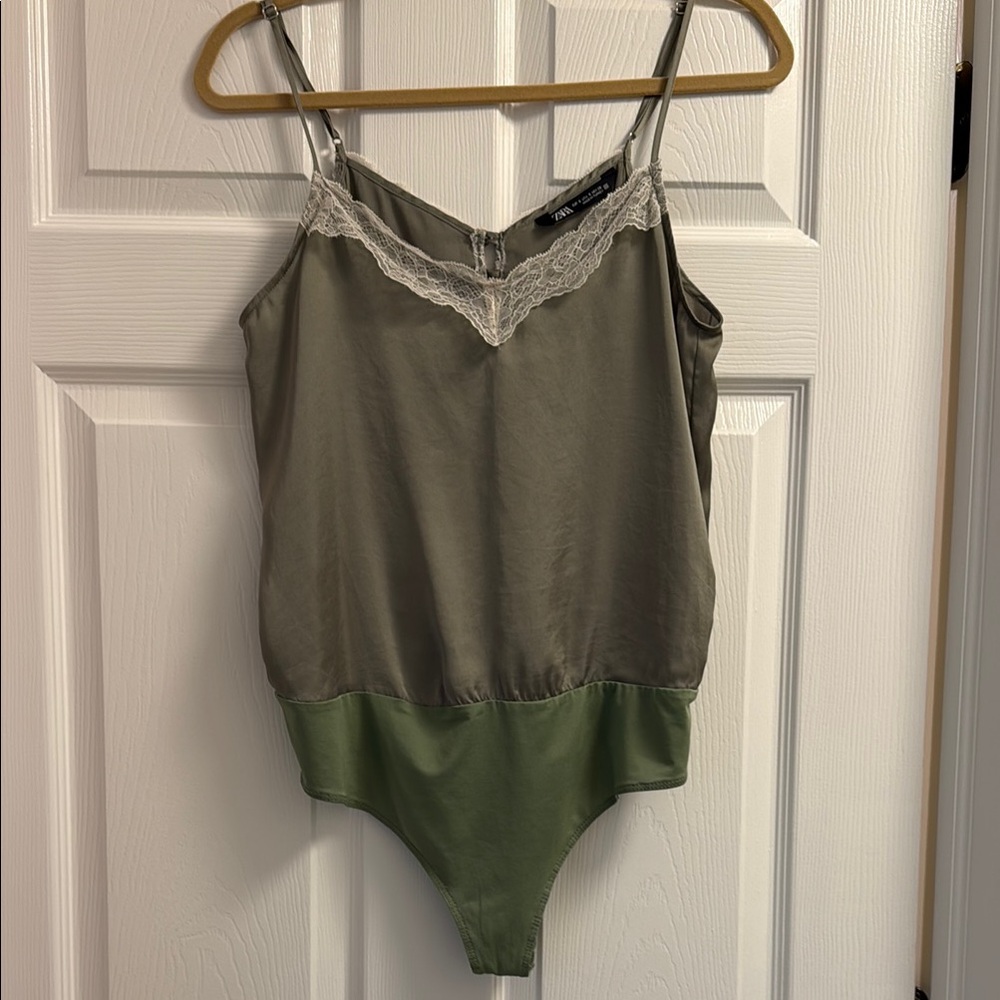 Zara Satin/Lace Olive Green Bodysuit Small